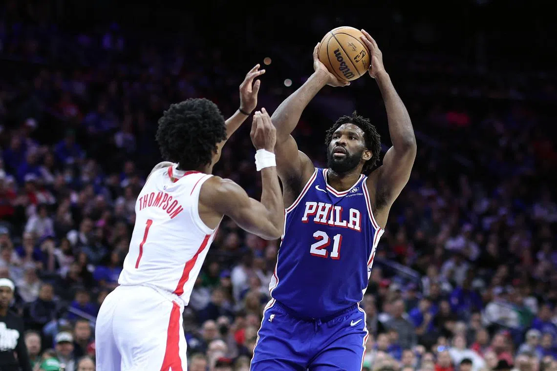 Joel Embiid of the Philadelphia 76ers shoots over Amen Thompson of the Houston Rockets during the fourth quarter at the Wells Fargo Centre.