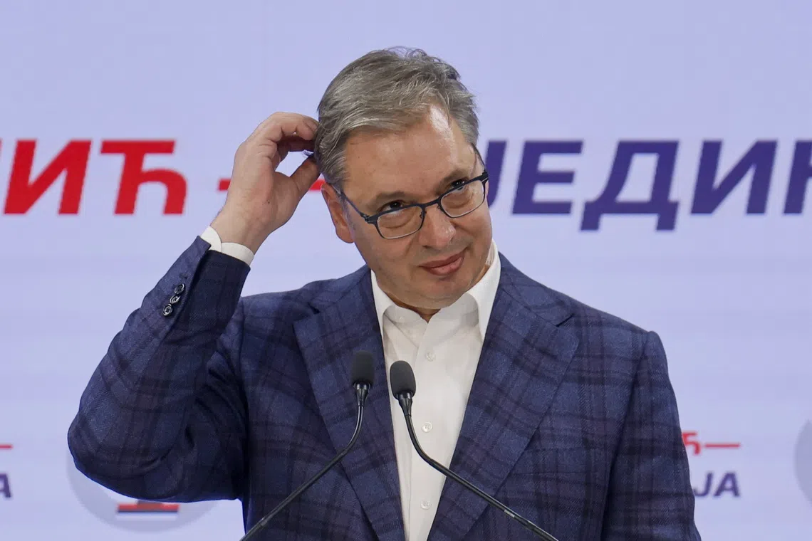 Serbian Progressive Party prime ministerial candidate Aleksandar Vucic reacts after conceding defeat during a press conference on Oct 25 at the party headquarters in Belgrade, Serbia.
