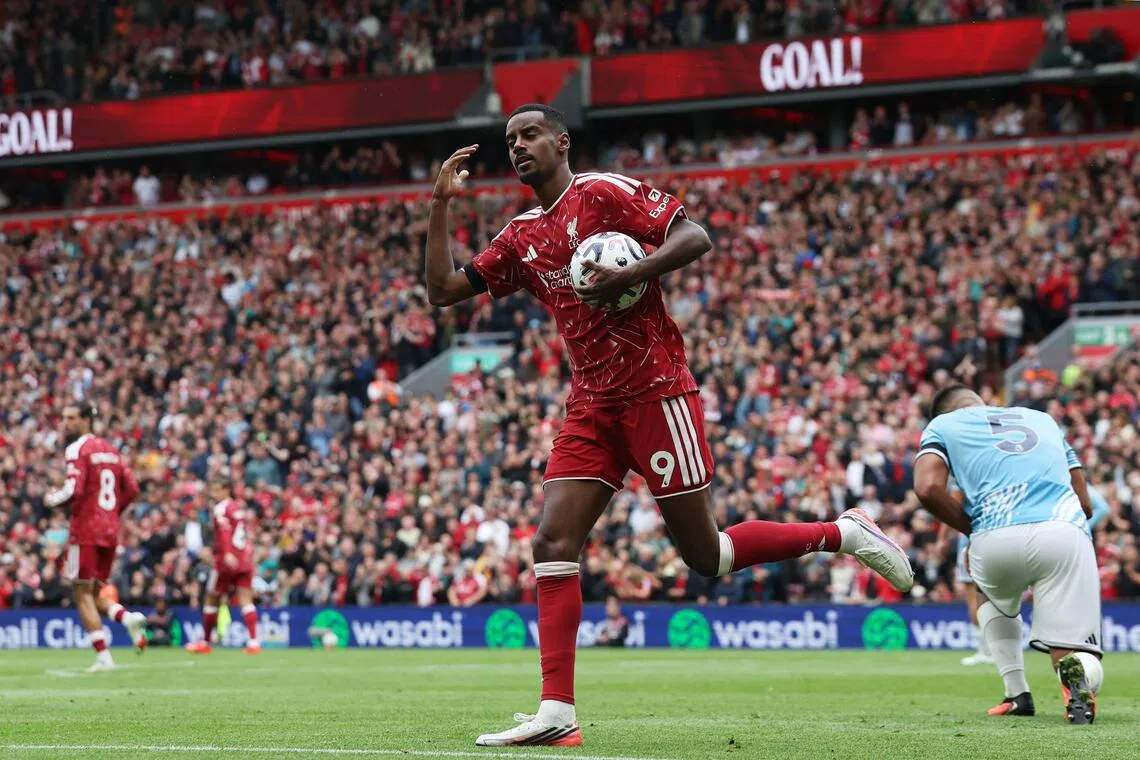 Liverpool’s Alexander Isak celebrates scoring their first goal. The team’s improvement after the break was unmistakable.