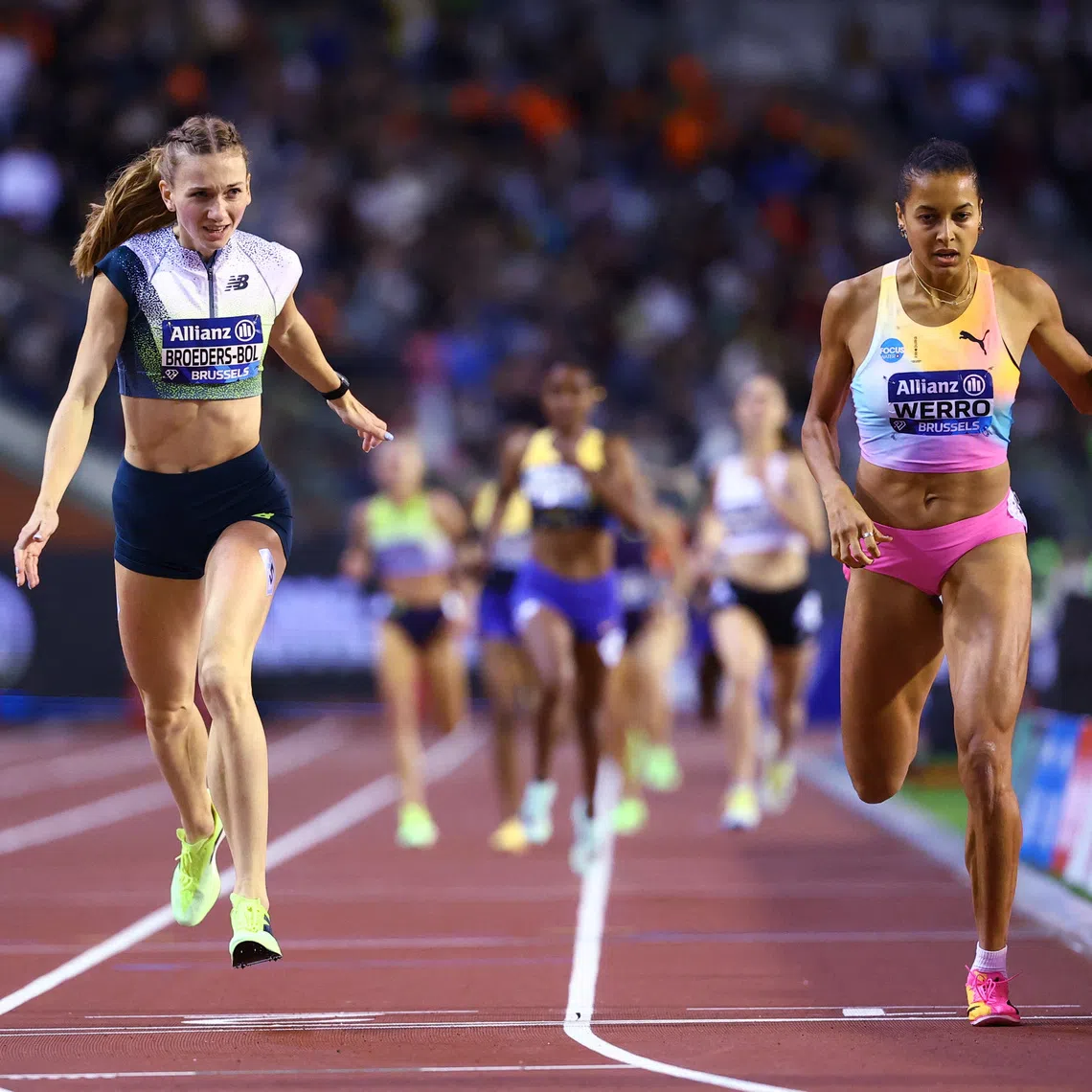 Switzerland’s Audrey Werro (right) crossing the line to win the women’s 800m final ahead of second placed Netherlands’ Femke Broeders-Bol.