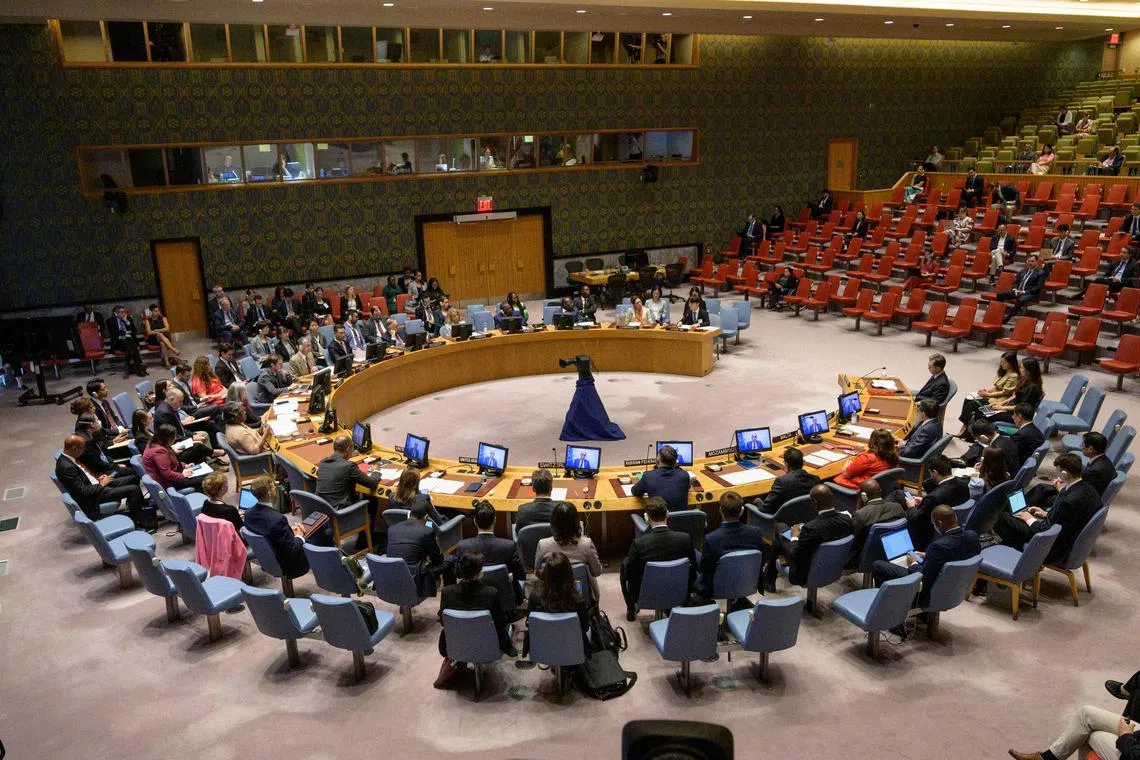 The UN Security Council meets at UN headquarters in New York on August 17, 2023, to discuss the situation in North Korea.