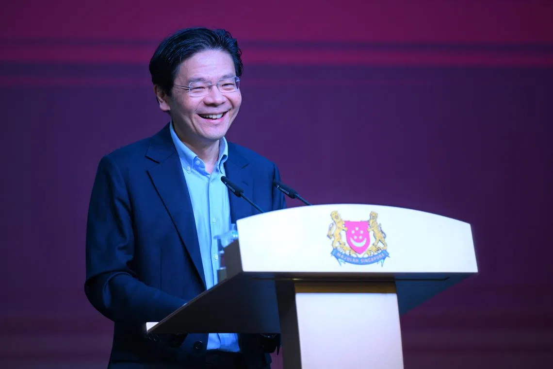 Prime Minister Lawrence Wong speaking at the 170th Anniversary of the Singapore Hainan Hwee Kuan at Bliss Garden Restaurant at Singapore Expo on Dec 13, 2024. ST PHOTO: SHINTARO TAY