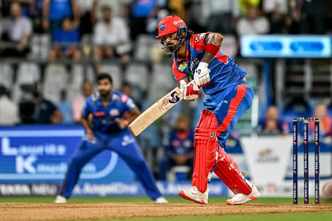 Delhi Capitals' K.L. Rahul plays a shot in the Indian Premier League (IPL) Twenty20 cricket match against Mumbai Indians at the Wankhede Stadium on May 21, 2025.