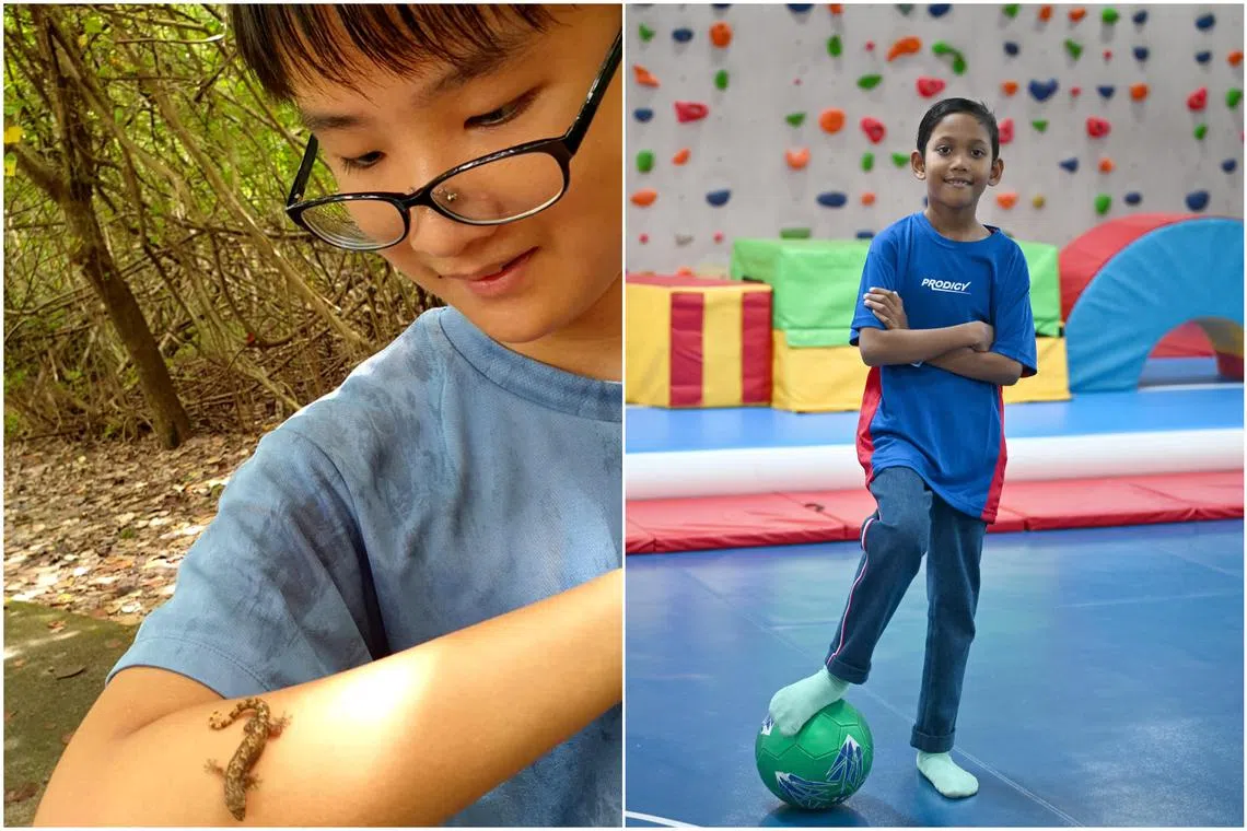 Drake Teo, 14, with a gecko at Lazarus Island, and seven-year-old Mika Mimrah, who has been attending a multi-sports programme since he was five.