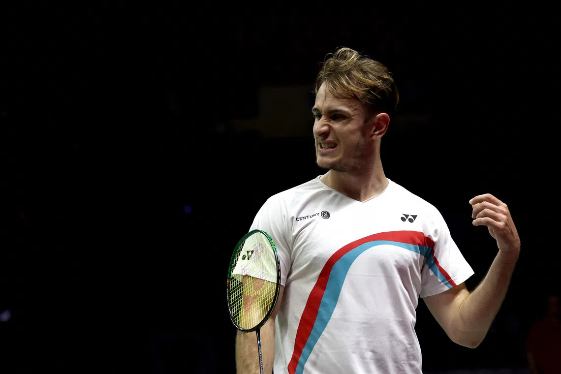 Badminton - BWF World Championships - Indira Gandhi Indoor Stadium, New Delhi, India - August 23, 2026 France's Alex Lanier reacts during his men's final against Japan's Kodai Naraoka REUTERS/Bhawika Chhabra