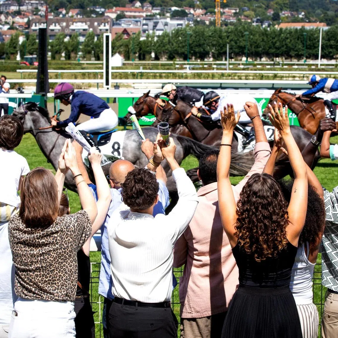 An enthusiastic crowd made up of adults and children alike cheering horses in a close finish at a race in Deauville-Le Touques, the home to seven Group 1 races during the annual Barriere Deauville meeting, held this year from Aug 2 to 30, 2026.

Photo by France Galop