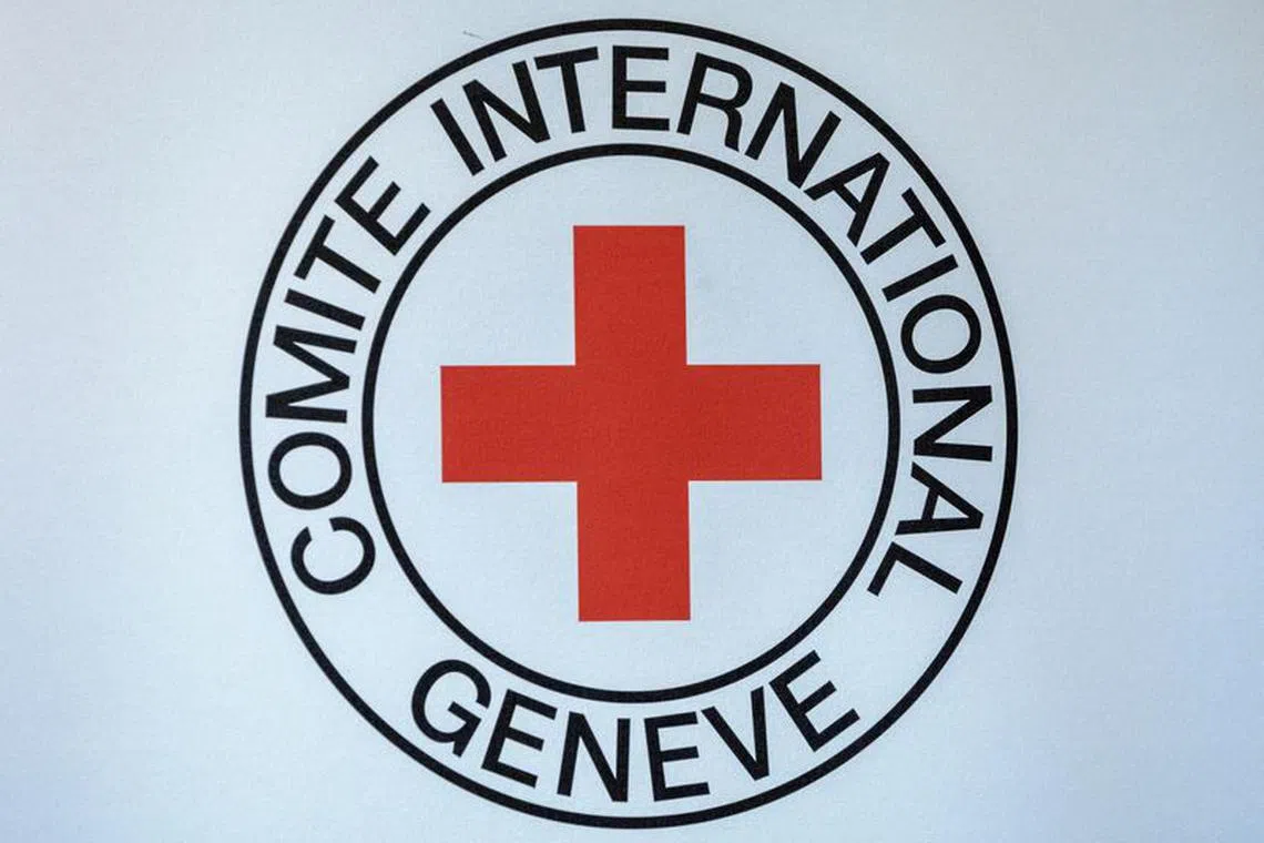 FILE PHOTO: Logo of the ICRC is seen during the press conference of Robert Mardini, Director-General of the International Committee of the Red Cross (ICRC) in Geneva, Switzerland, September 11, 2023. REUTERS/Denis Balibouse/File Photo