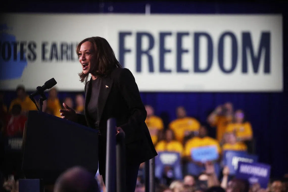 US democratic presidential nominee Kamala Harris campaigns in Michigan, a key battleground state, on Oct 18.