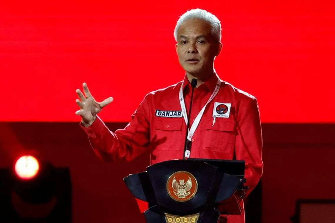 FILE PHOTO: Ganjar Pranowo, Indonesia Democratic Party of Struggle (PDIP) candidate in the 2024 presidential election, speaks during the party's national meeting in Jakarta, Indonesia, September 29, 2023. REUTERS/Willy Kurniawan/File Photo
