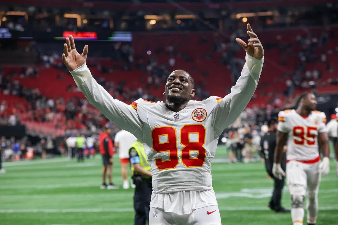 Kansas City Chiefs defensive tackle Tershawn Wharton in good cheer after victory over the Atlanta Falcons at Mercedes-Benz Stadium on Sept 22, 2024 in Georgia