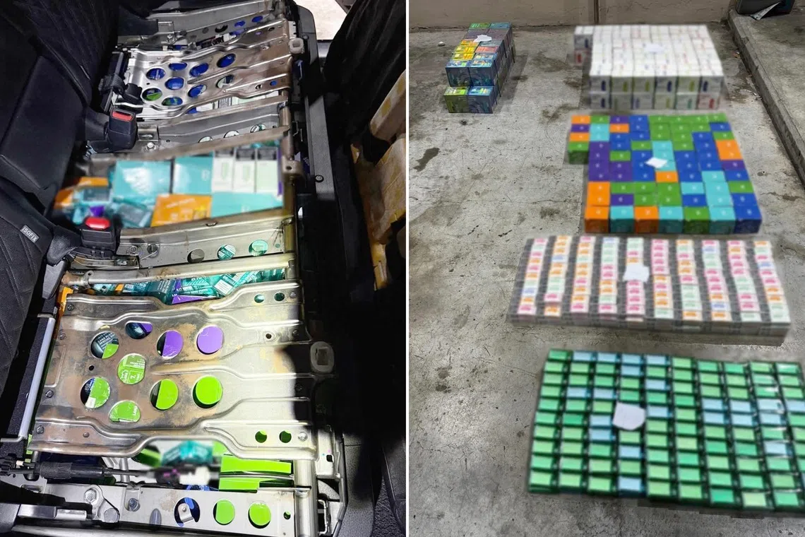 Photos posted on ICA’s Facebook page show e-vaporisers and related components hidden in the car’s boot as well as under the rear seats.