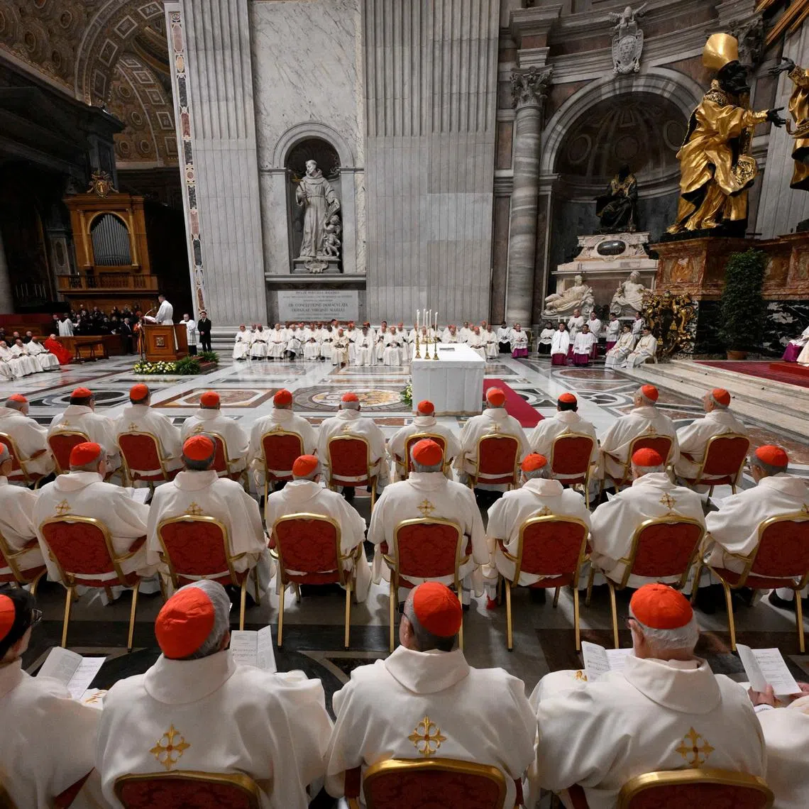 Pope Leo XIV meets with the world's Catholic cardinals as part of a two-day summit at which he urged the senior clerics to shun divisions in the 1.4-billion-member Church and focus on attracting new believers, at the Vatican, January 8, 2026.    Vatican Media/Simone Risoluti/­Handout via REUTERS