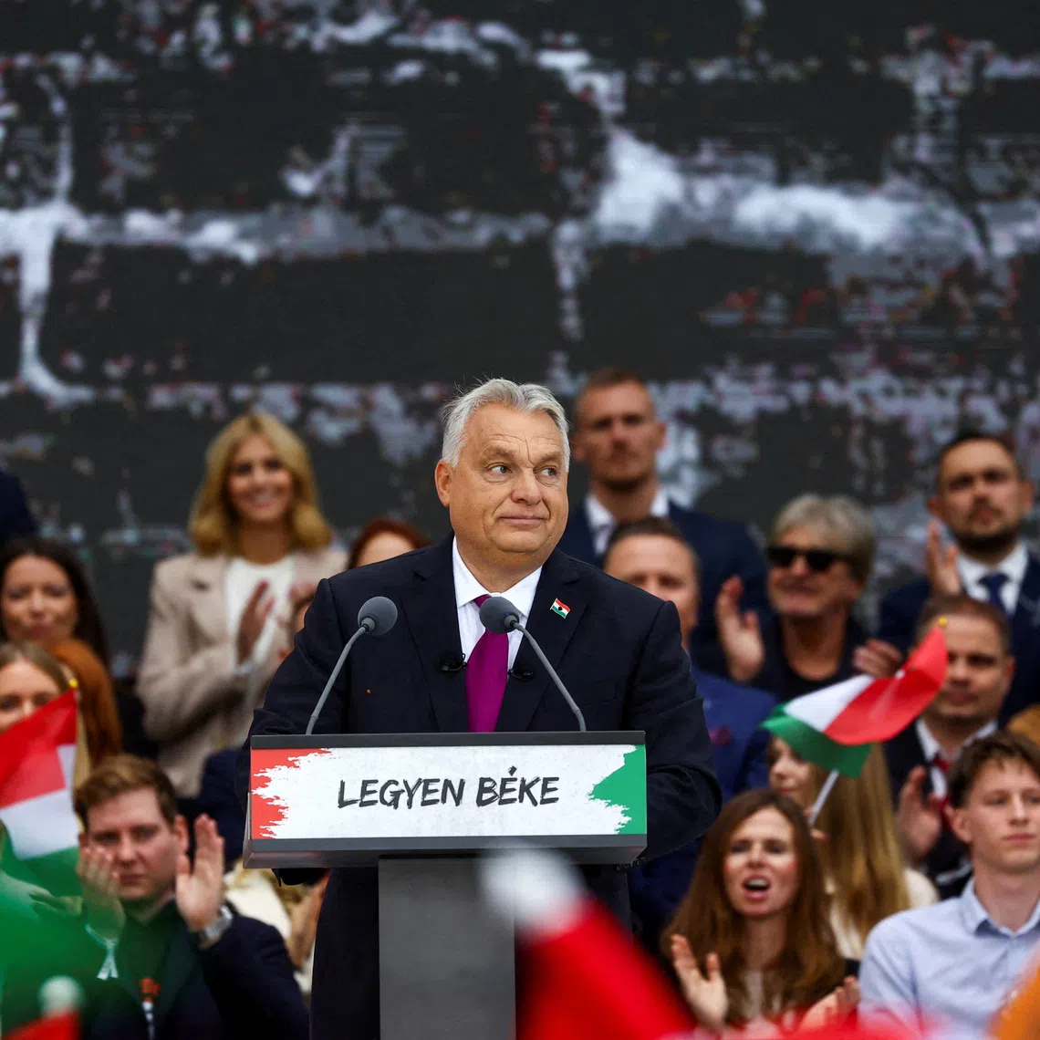FILE PHOTO: Hungarian Prime Minister Viktor Orban reacts as he delivers a speech to mark the 69th anniversary of the Hungarian Uprising of 1956, in Budapest, Hungary, October 23, 2025. REUTERS/Bernadett Szabo/File Photo