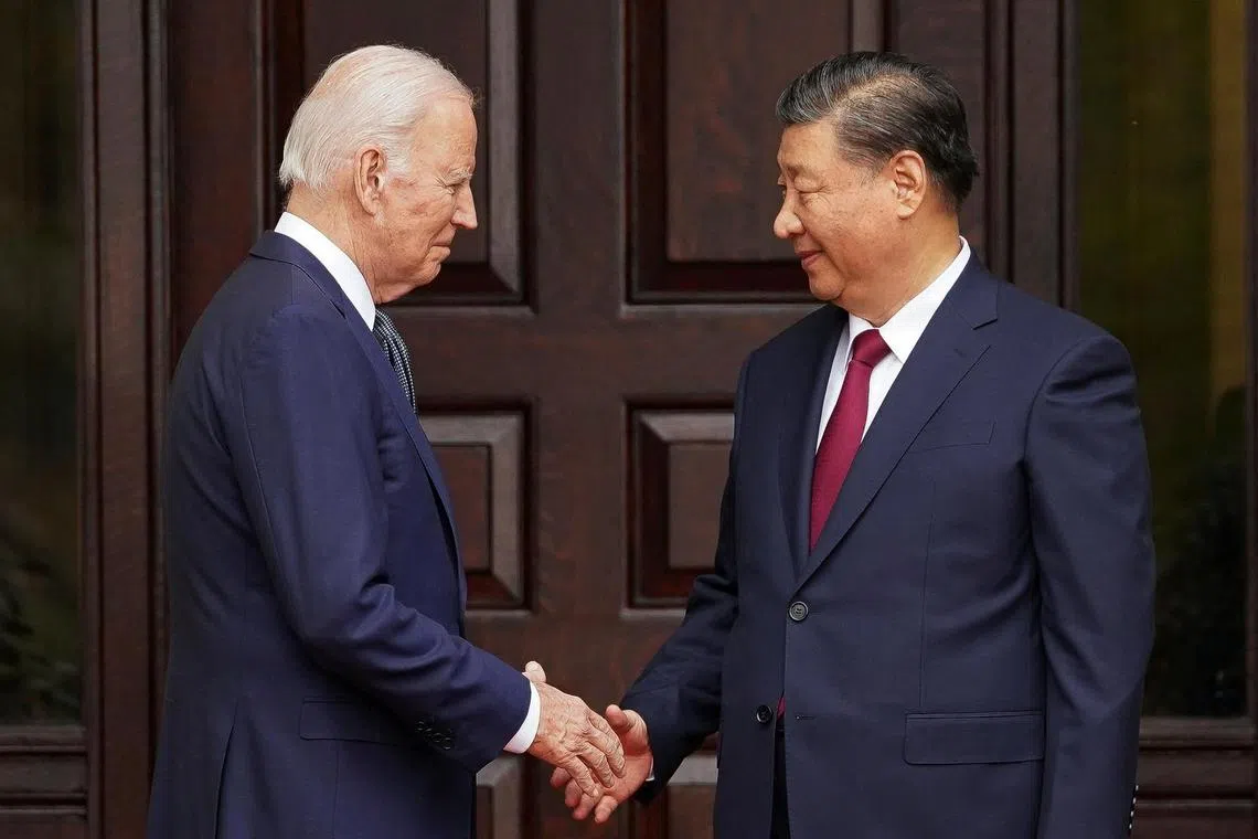 US President Joe Biden (left) and Chinese President Xi Jinping met for the first time in a year, at a high-stakes summit in California. PHOTO: REUTERS