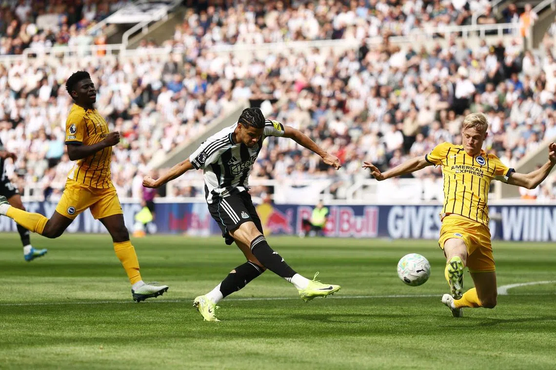 Soccer Football - Premier League - Newcastle United v Brighton & Hove Albion - St James' Park, Newcastle, Britain - May 2, 2026 Newcastle United's William Osula shoots at goal as Brighton & Hove Albion's Jan Paul van Hecke reacts Action Images via Reuters/Lee Smith