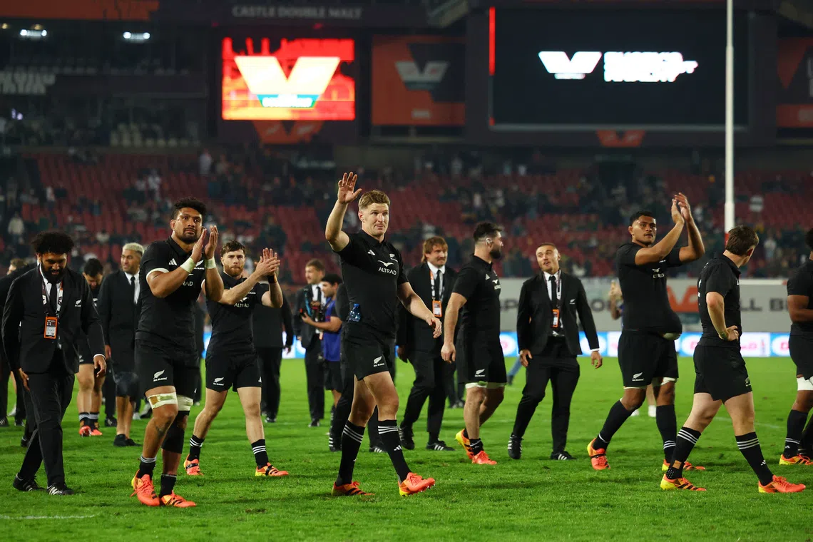 Rugby Union - New Zealand tour of South Africa - South Africa v New Zealand - Ellis Park Stadium, Johannesburg, South Africa - August 22, 2026  New Zealand's Jordie Barrett celebrates after the match REUTERS/Siphiwe Sibeko