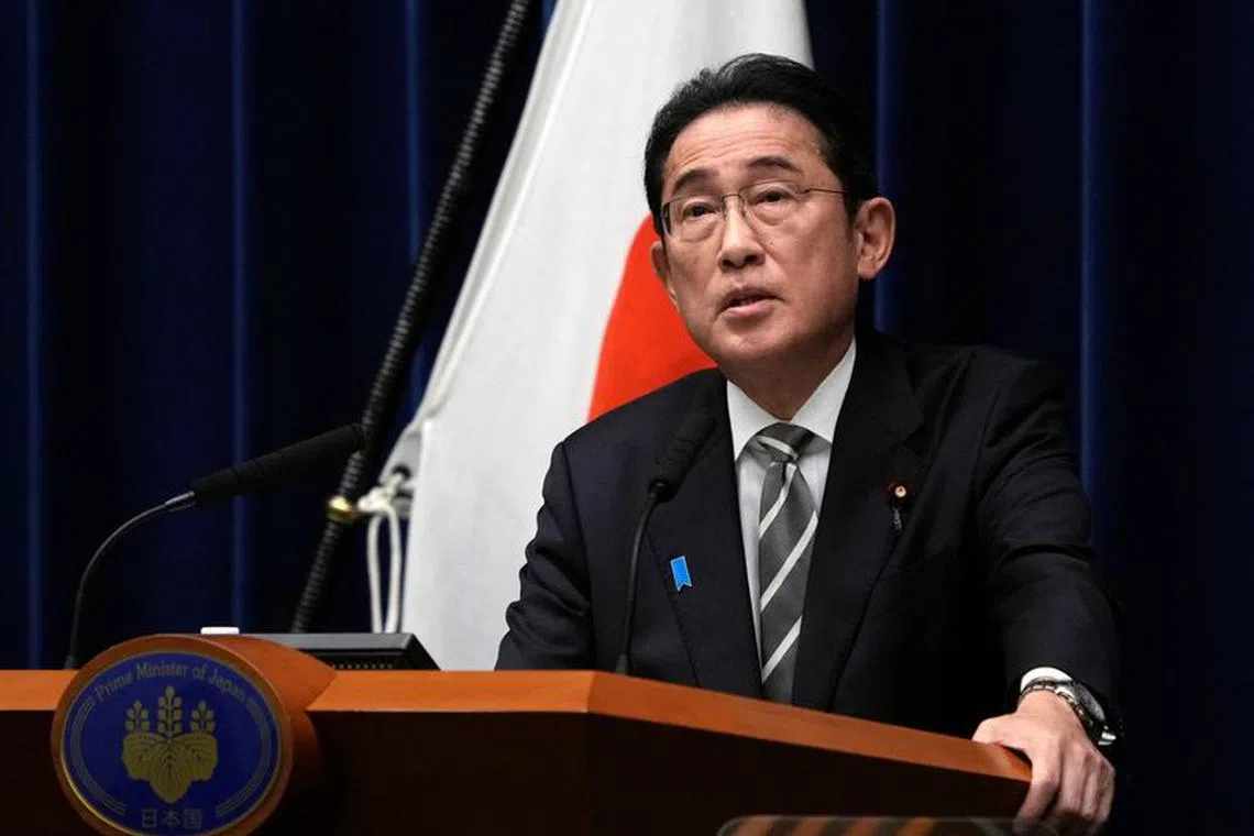 Japanese Prime Minister Fumio Kishida speaks during a news conference at the prime minister's office in Tokyo, Japan, 13 December 2023. Prime Minister Kishida said he will replace several ministers implicated in a political fundraising scandal.    FRANCK ROBICHON/Pool via REUTERS