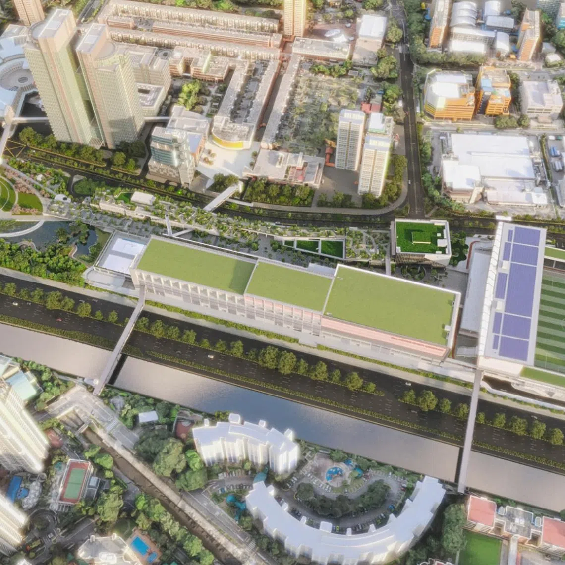 Toa Payoh Integrated Development's facilities include a 2,000-seater aquatic centre with four indoor swimming pools, along with three outdoor leisure pools.