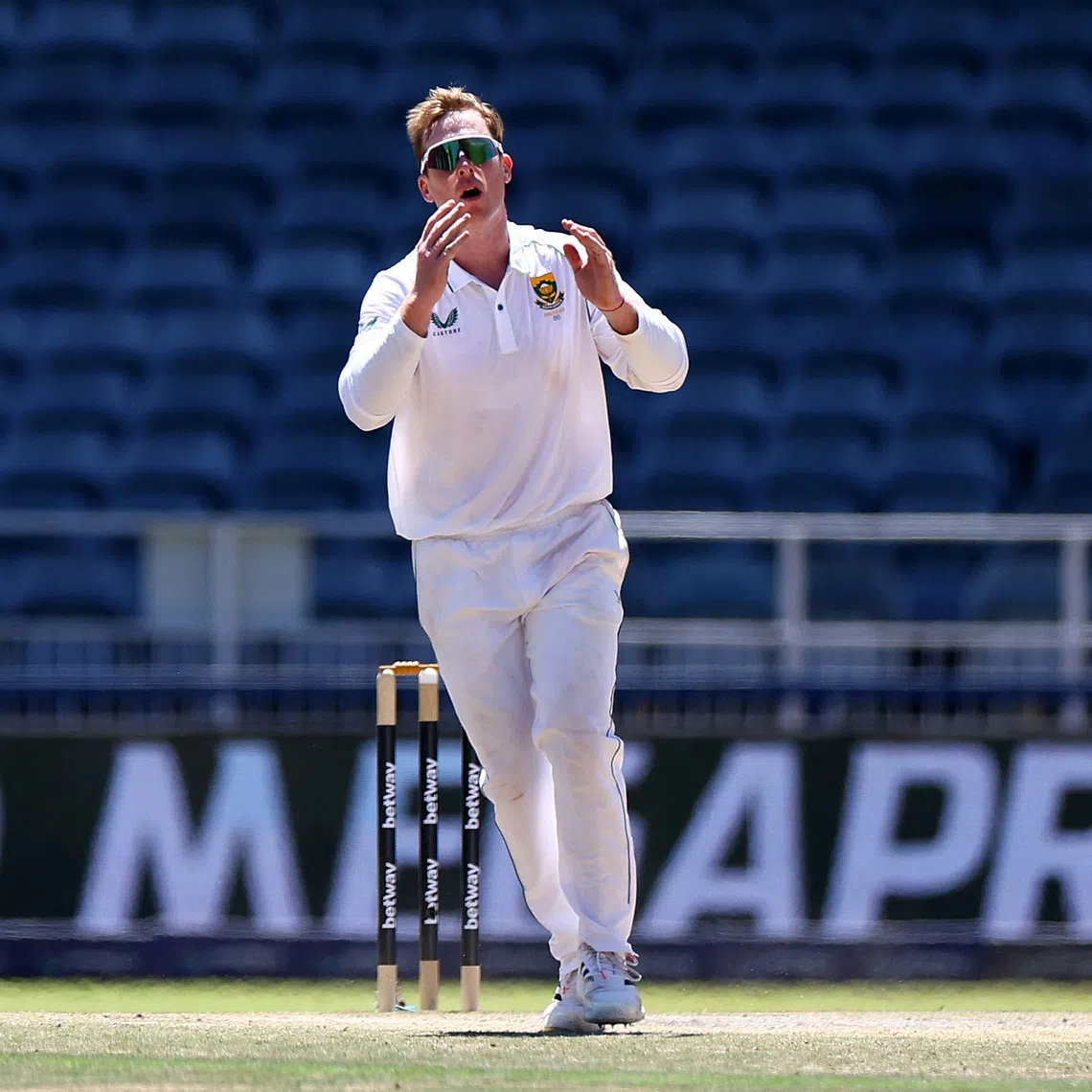 FILE PHOTO: Cricket - Second Test - South Africa v West Indies - Wanderers Stadium, Johannesburg, South Africa - March 11, 2023 South Africa's Simon Harmer reacts REUTERS/Siphiwe Sibeko/File Photo