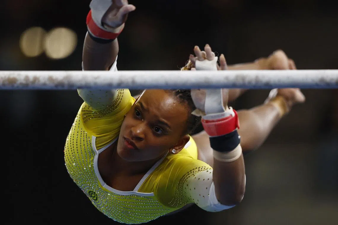 FILE PHOTO: Pan-Am Games - Santiago 2023 - Gymnastics - Centro de deportes colectivos, Santiago, Chile - October 24, 2023 Brazil's Rebeca Andrade in action during the women's uneven bars final REUTERS/Agustin Marcarian/File Photo