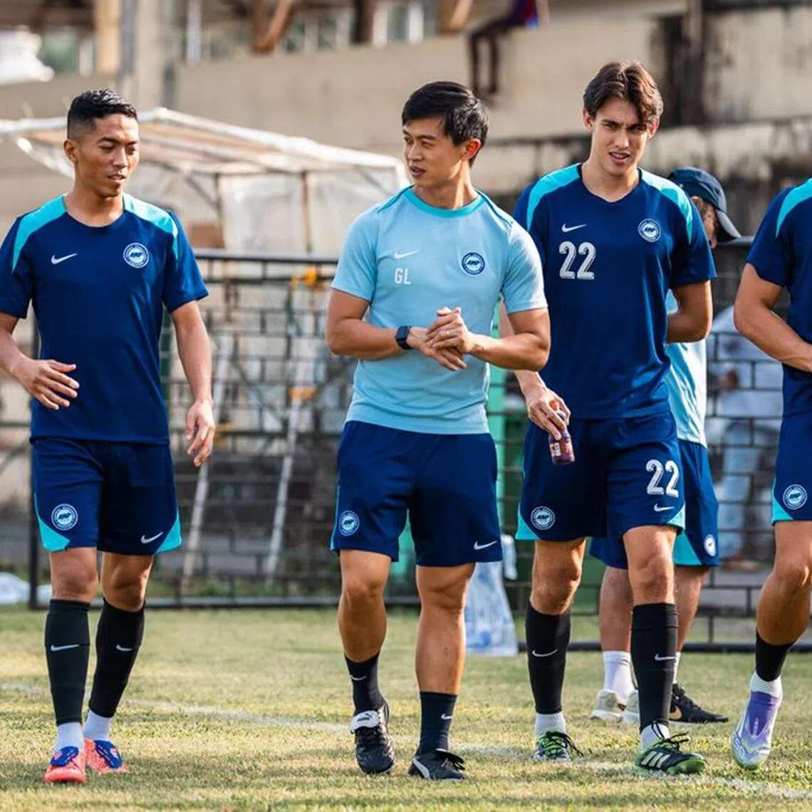 (From left) Lions striker Shawal Anuar, coach Gavin Lee, midfielder Jacob Mahler and striker Ikhsan Fandi training ahead of an Asian Cup qualifier against India in October.