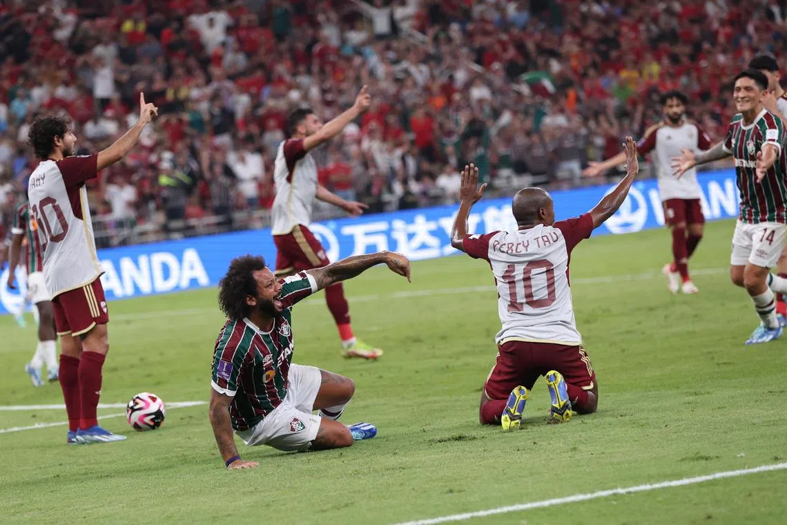 Marcelo of Fluminense is awarded a penalty during the Club World Cup semi-final against Al Ahly.