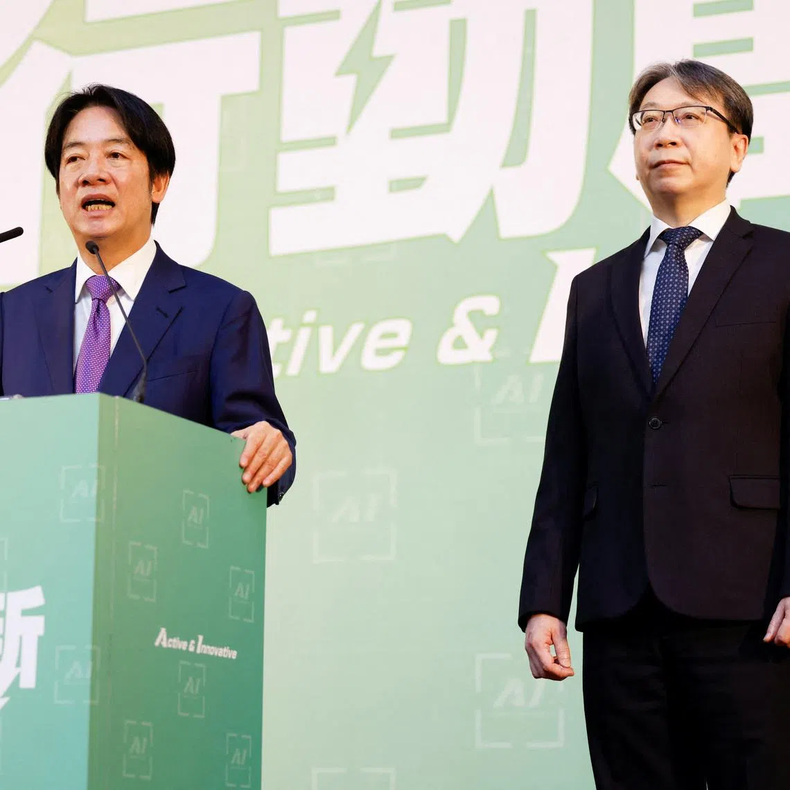FILE PHOTO: Taiwan President Lai Ching-te speaks next to National Security Bureau Director-General Tsai Ming-yen during a press conference, in Taipei, Taiwan April 25, 2024. REUTERS/Carlos Garcia Rawlins/File Photo