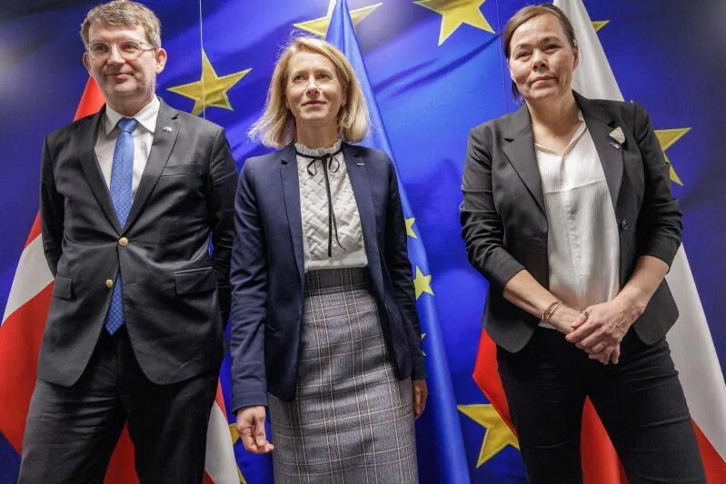 The European Commission
's Vice-President Kaja Kallas (centre) meets Greenland's Foreign Minister Vivian Motzfeldt (right) and Danish Defence Minister Troels Lund Poulsen in Brussels, Belgium on Jan 18.