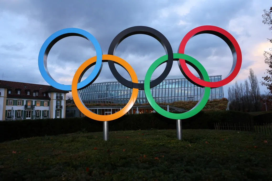 The Olympic rings symbol is displayed by the Olympic House, ahead of the Executive Board meeting of the International Olympic Committee (IOC), in Lausanne, Switzerland, December 3, 2024. REUTERS/Denis Balibouse