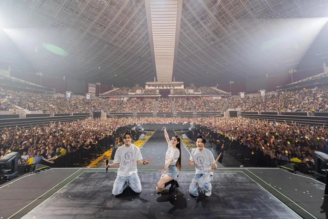 Taiwanese band Accusefive, made up of (from left) vocalist Edward Pan, vocalist Tsai Hsin-lun and drummer Richard Lin, performed at the Singapore Indoor Stadium on June 22.