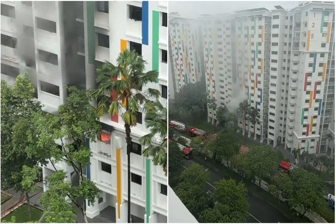 The fire can be seen raging in the bedroom of a third-floor unit.