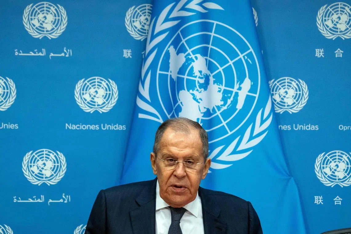 Russian Foreign Minister Sergei Lavrov holds a press conference at UN headquarters in New York.
