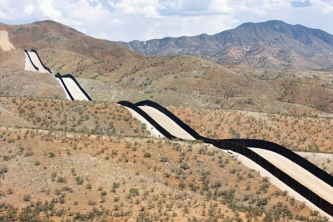 A drone view shows the newly constructed second U.S.-Mexico border fence east of Nogales in Kino Springs, Arizona, U.S. June 24, 2026. REUTERS/Rebecca Noble