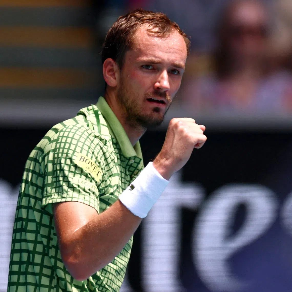 Tennis - Australian Open - Melbourne Park, Melbourne, Australia - January 19, 2026 Russia's Daniil Medvedev reacts during his first round match against Netherlands' Jesper de Jong REUTERS/Tingshu Wang