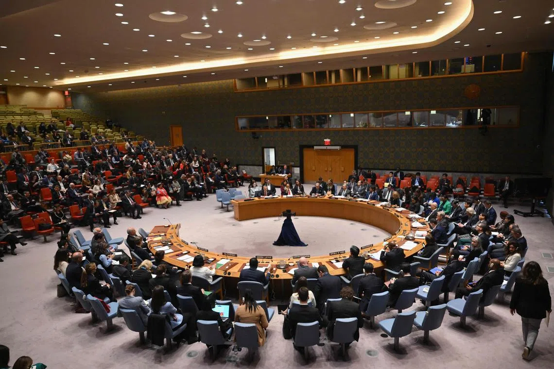 FILE PHOTO: The United Nations Security Council meets on the situation in the Middle East, including the Palestinian question, at UN headquarters in New York City on Apr 18, 2024..
