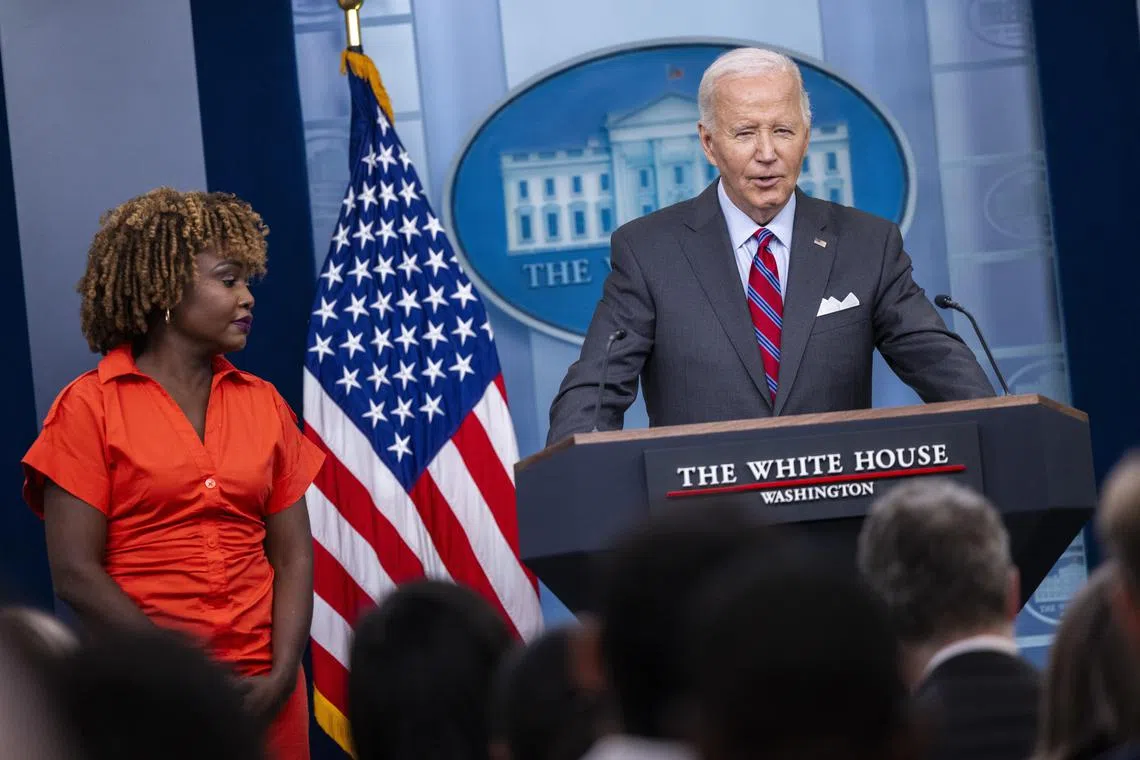 US President Joe Biden, with White House press secretary Karine Jean-Pierre, responding to a question from the media during the daily briefing at the White House, on Oct 4.