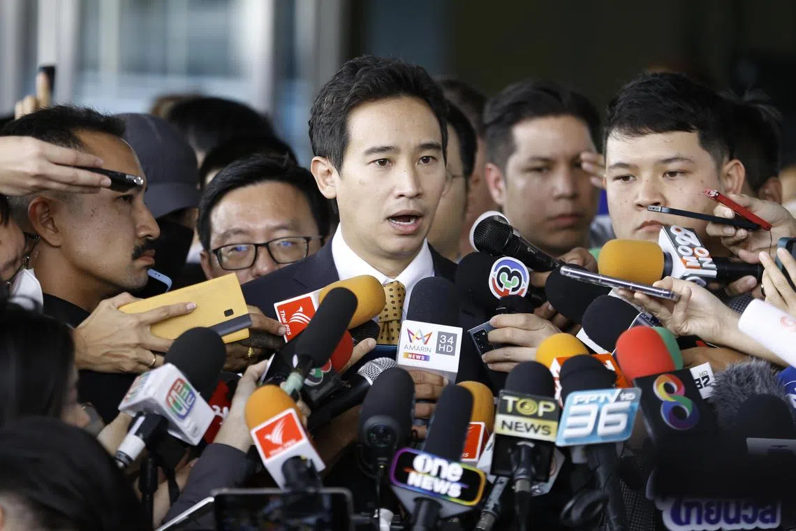 The former Move Forward party leader and advisory chairman Pita Limjaroenrat speaks to the media after his court hearing at the Constitutional Court in Bangkok, Thailand on Jan 24, 2024. 