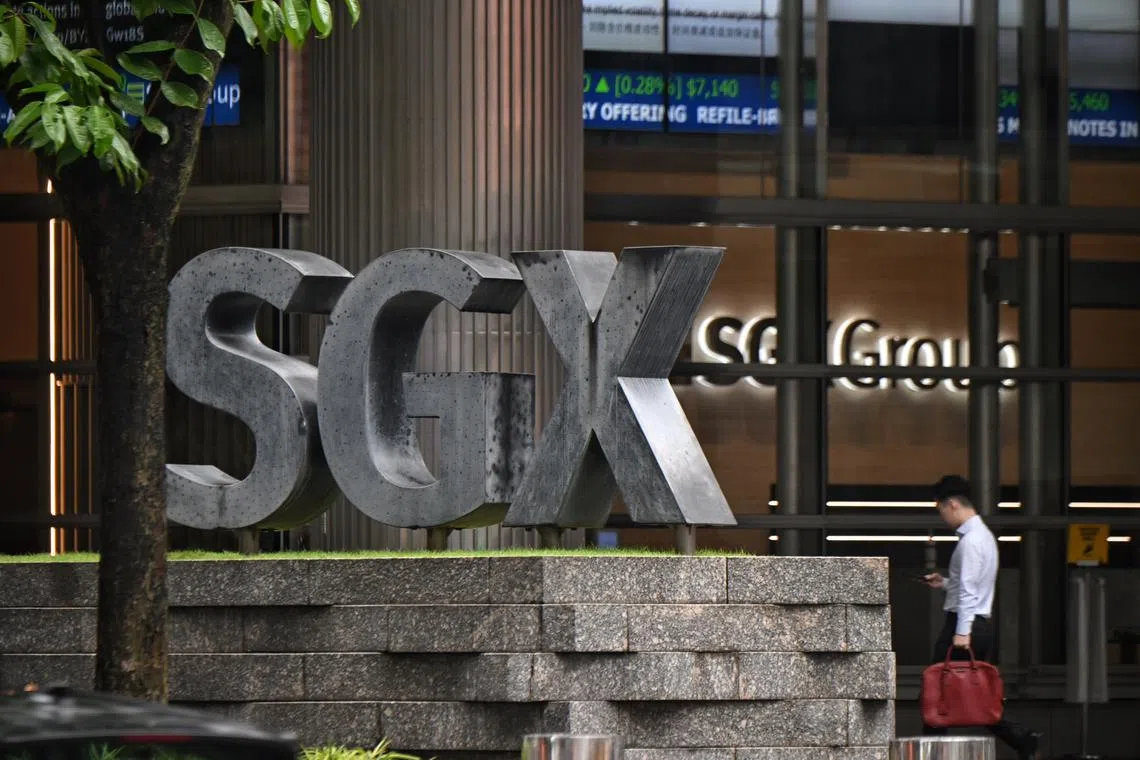 The SGX logo at SGX Centre 1 located along Shenton Way on March 3, 2023.