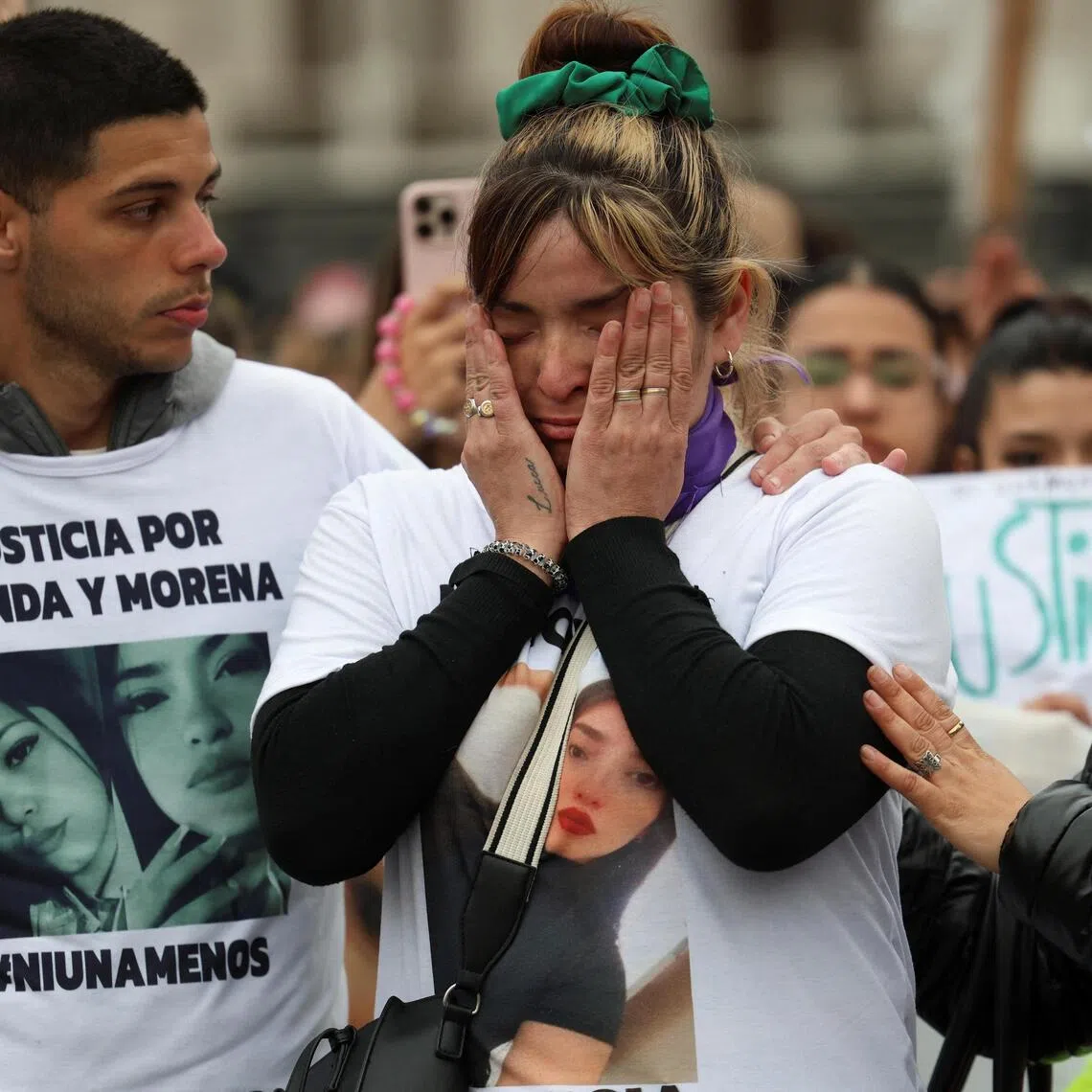 Paula Fabero, Brenda del Castillo's mother, reacting as relatives and friends of Brenda del Castillo, Morena Verdi and Lara Gutierrez march on Sept 27 in Buenos Aires with abortion rights activists to mark the International Safe Abortion Day and call for justice after the three young women were tortured and murdered last week in a suspected drug gang revenge attack.