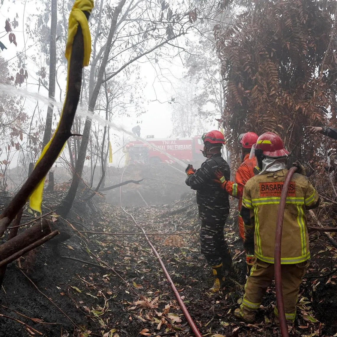 Firefighters in Sematang Borang on the outskirts of Palembang, South Sumatra, try out the Brazilian fire suppressant powder Realiza Antichamas on Oct 15.