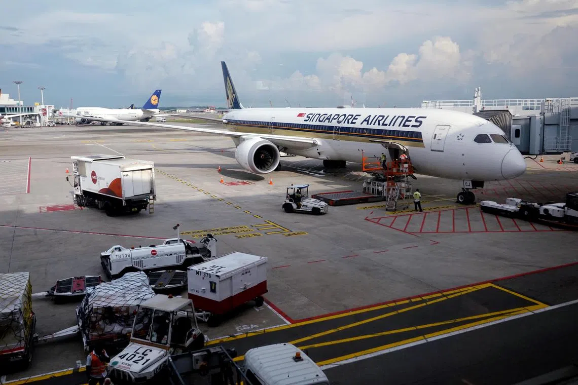 Generic pix of Singapore Airlines planes at Changi Airport. Can be used with stories on air travel, planes, SQ, Singapore Airlines, Changi Airport. Photographed on May 31, 2024.