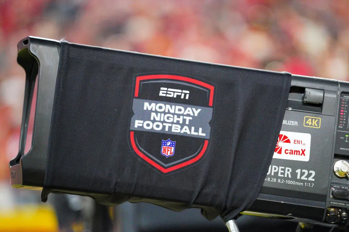 FILE PHOTO: Oct 7, 2024; Kansas City, Missouri, USA; A general view of the ESPN Monday night Football logo during the first half of the game between the Kansas City Chiefs and New Orleans Saints at GEHA Field at Arrowhead Stadium. Mandatory Credit: Denny Medley-Imagn Images/File Photo