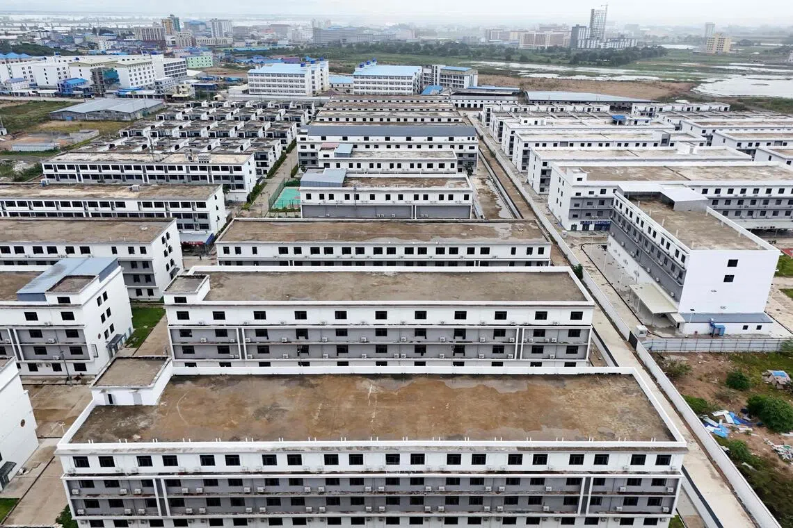 An aerial view of a closed online scam compound under the Jin Zi Hui Property Management is seen in Cambodia’s Kandal province.