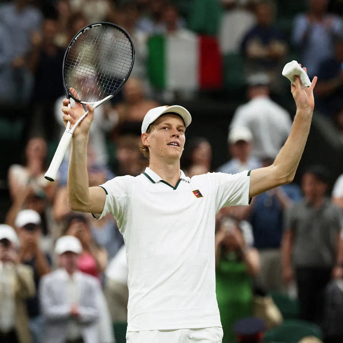 Tennis - Wimbledon - All England Lawn Tennis and Croquet Club, London, Britain - July 5, 2026 Italy's Jannik Sinner celebrates winning his fourth round match against Japan's Shintaro Mochizuki REUTERS/Marko Djurica