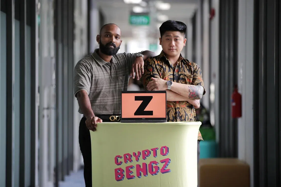 Mr Roshaanth Narayanasamy, 25, and Mr Ferris Frederick Francis, 24, launched two sell-out collections of NFTs (non-fungible tokens) under CryptoBengz. ST PHOTO: GIN TAY 