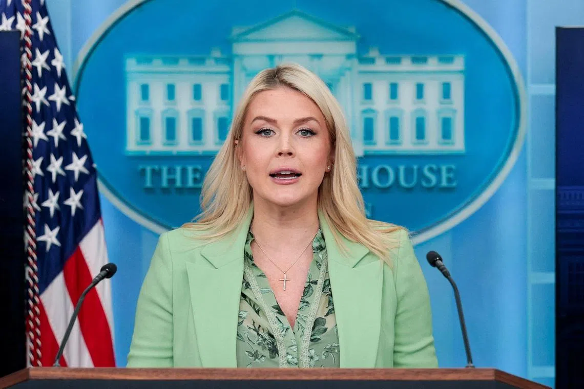 White House Press Secretary Karoline Leavitt speaks during a press briefing in the James S. Brady Press Briefing Room at the White House in Washington, D.C., U.S., April 15, 2026. REUTERS/Evan Vucci