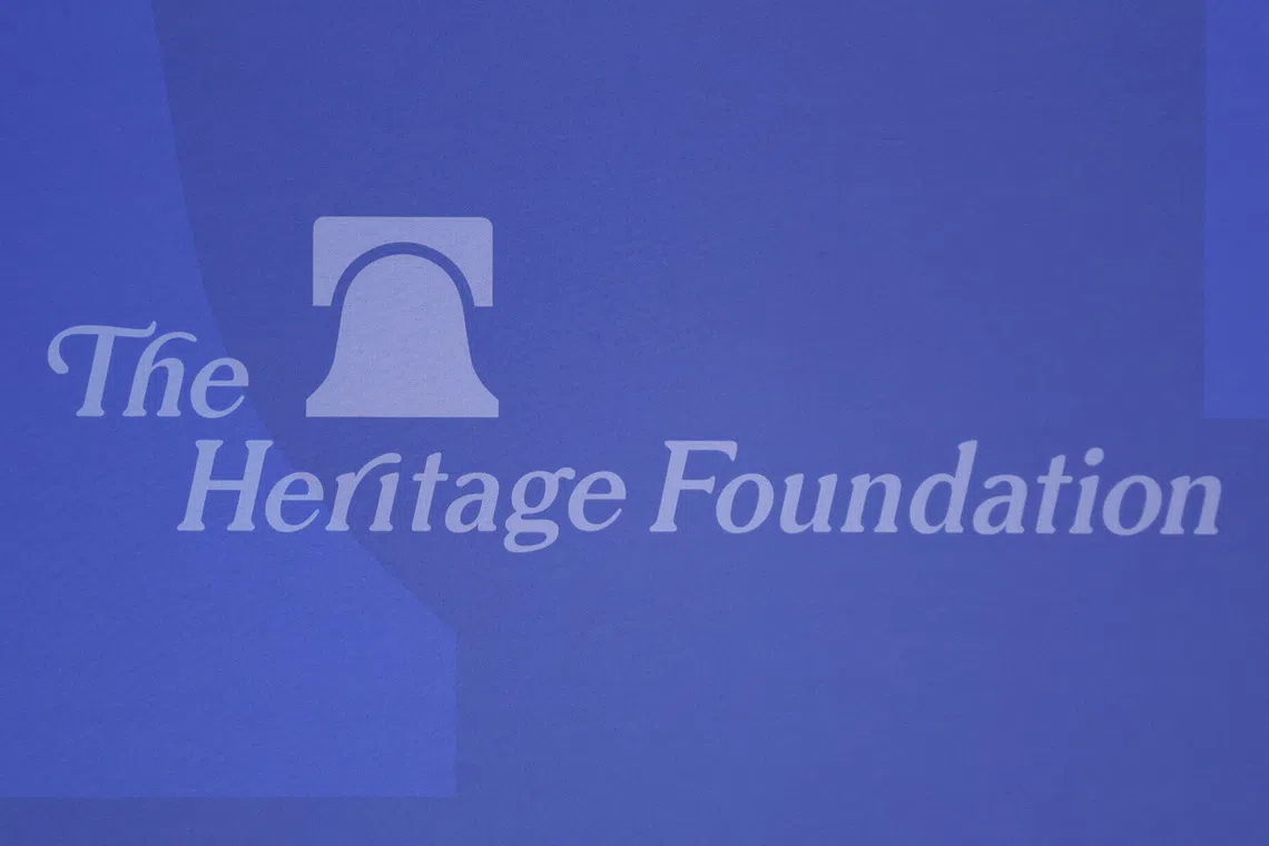 FILE PHOTO: The Heritage Foundation's logo is displayed during the 2025 Joseph Story Distinguished Lecture in Washington, D.C., U.S., October 22, 2025. REUTERS/Kylie Cooper/File Photo
