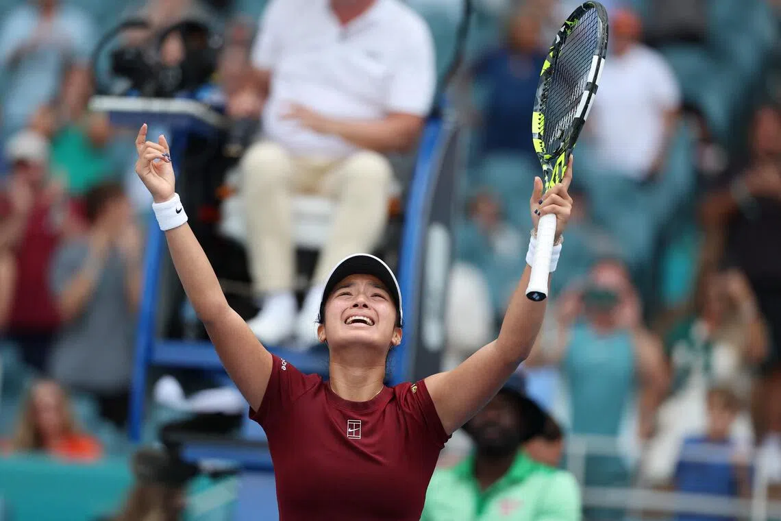 Alexandra Eala of the Philippines reacts at match point after defeating Poland's Iga Swiatek, on March 26.