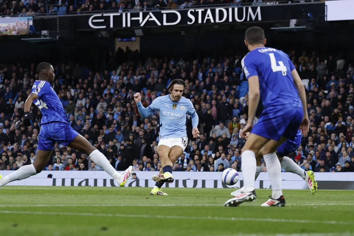 Soccer Football - Premier League - Manchester City v Leicester City - Etihad Stadium, Manchester, Britain - April 2, 2025 Manchester City's Jack Grealish scores their first goal Action Images via Reuters/Jason Cairnduff