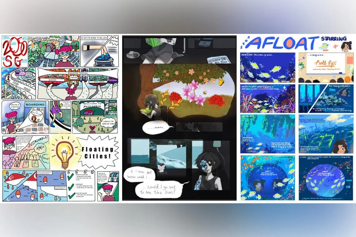Winning artwork entries in the Future Forecast competition. (From left) The entries are titled Singaporean Laputa, The Light of Day and 2053: Afloat.